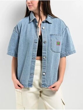 EMPYRE Light Wash Denim Button-Up Shirt with Neon Logo Patch